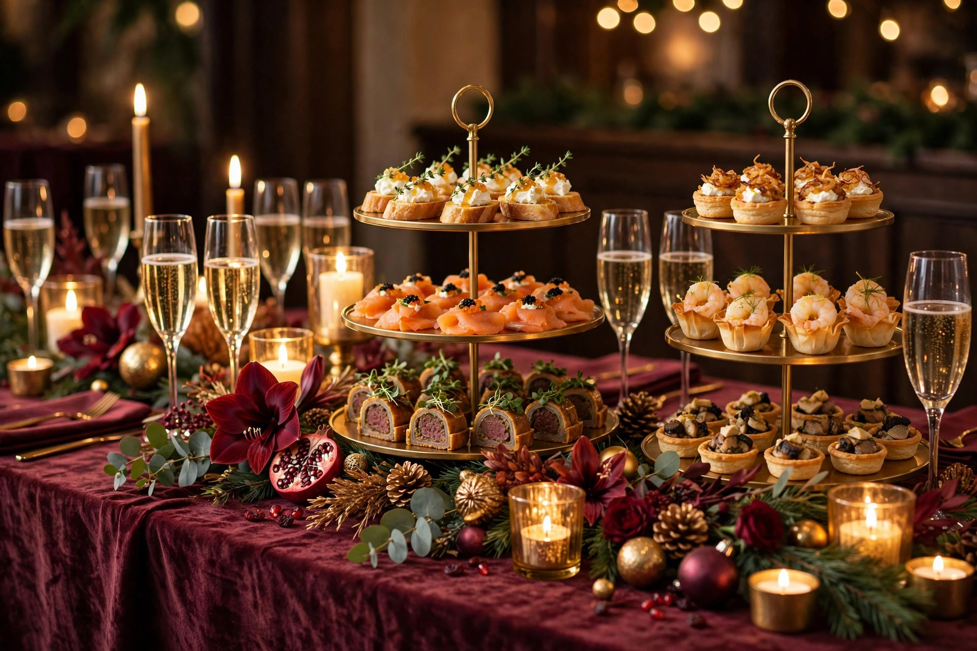 Festive holiday party catering table in gold and burgundy