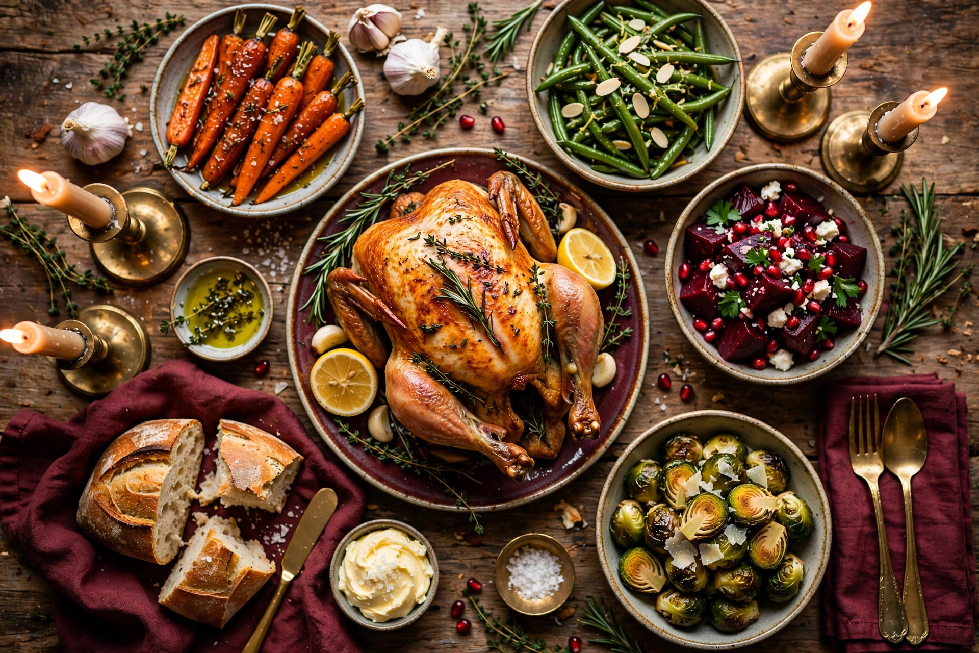 Homemade weekly family dinner spread with roasted chicken and fresh sides