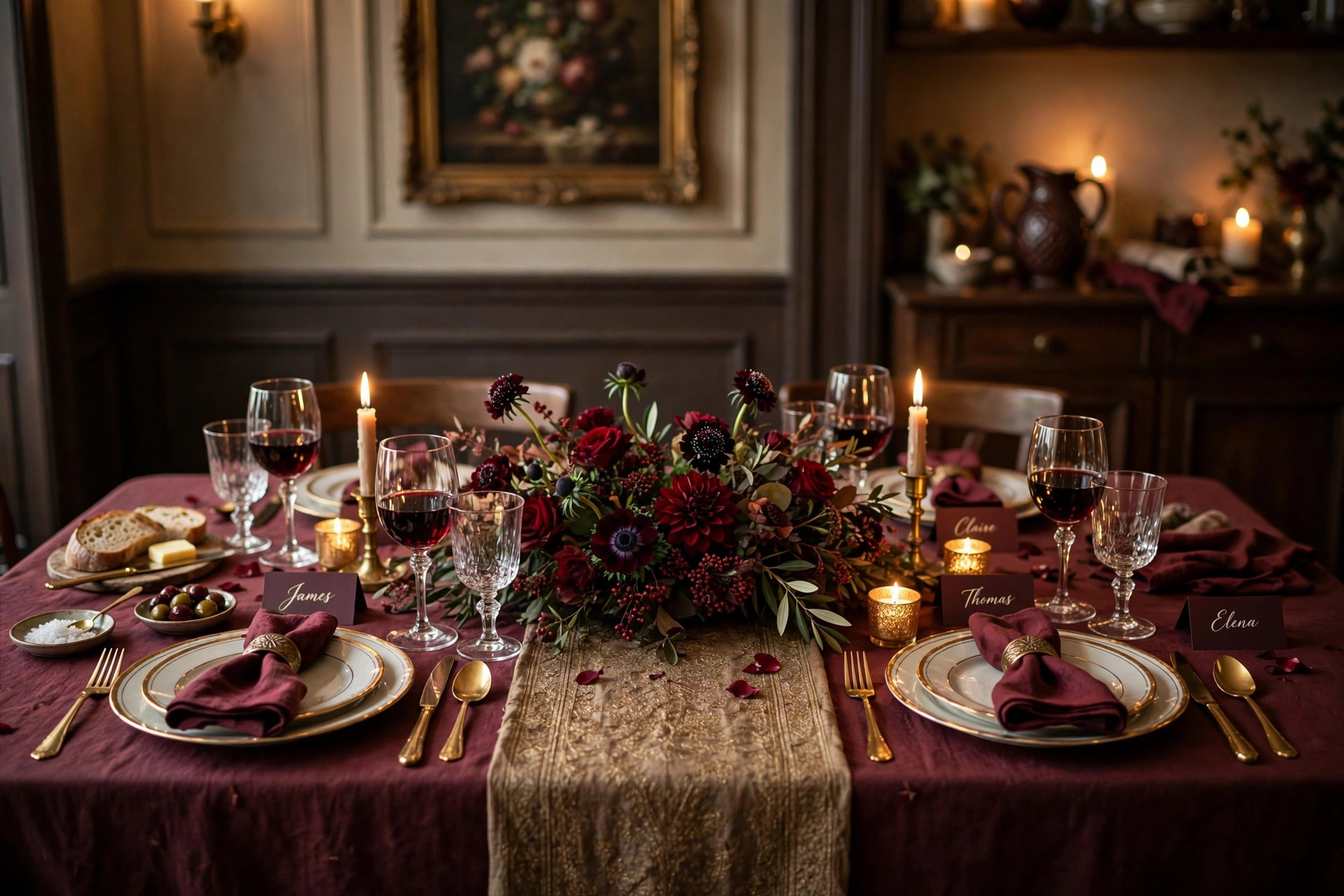 Intimate catered dinner party table setting at home