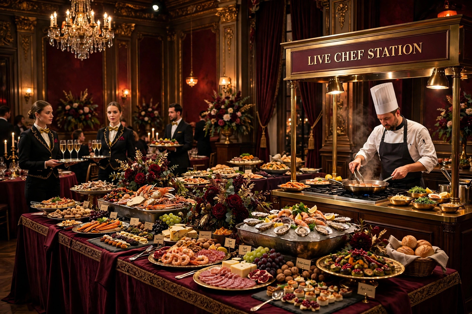 Grand catered gala buffet with live chef station